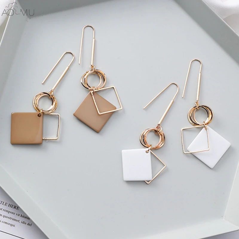 

AOMU Simple Design Multi-layer Metal Round Circle Geometric Square Resin Long Hook Dangle Earrings for Women Girl Gift