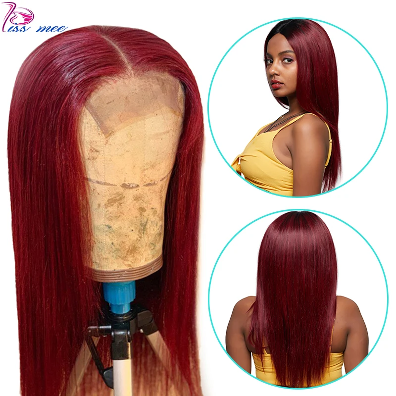 

Kiss Mee 99J Burgundy Lace Front Wig Human Hair Red Long Straight Wigs Remy Razilian 13*4 Lace Frontal Lace Wig For Black Women