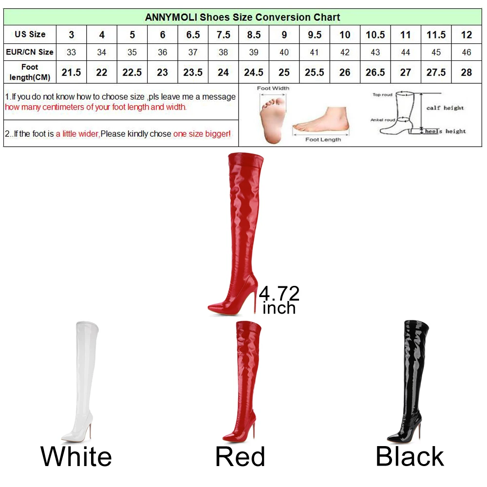 ANNYMOLI/зимние сапоги на очень высоком каблуке 12 см сапоги до бедра с острым носком Сапоги выше колена пикантная женская обувь красный, белый, 46, 45