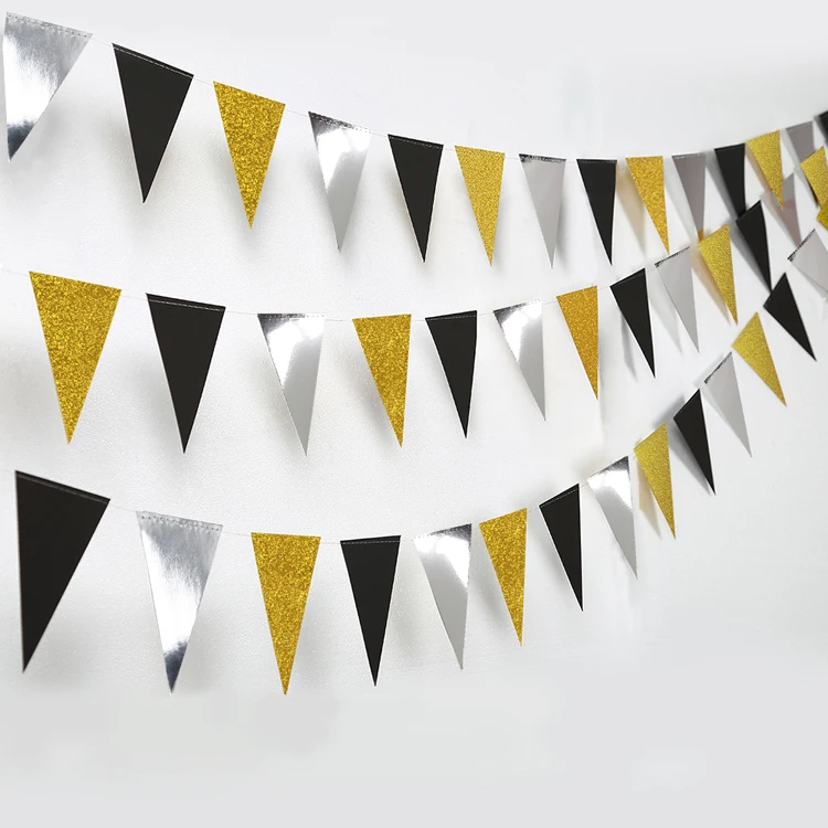 

3M 26 Flag Gold Black Silver Paper Board Garland Banner For Birthday Party Decoration Kids Room Graduation Decoration Bunting