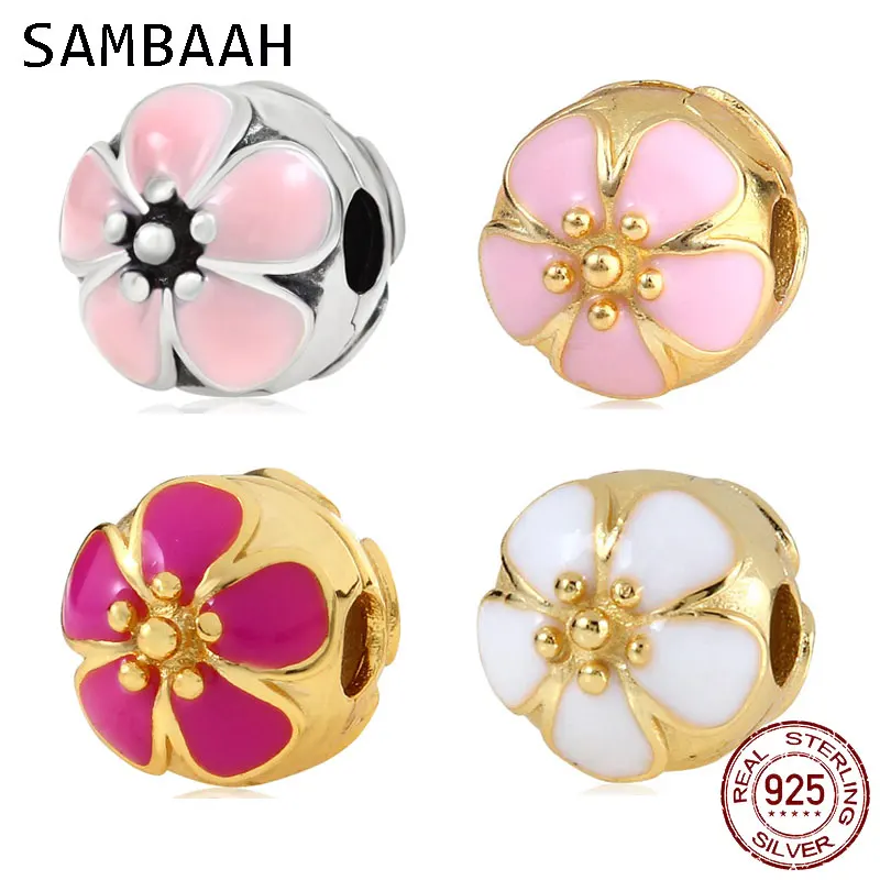 

Sambaah Cherry Blossom Pink Enamel Clip Charm 925 Sterling Silver Sakura Blossom Beads fit Original Pandora Spring Bracelet