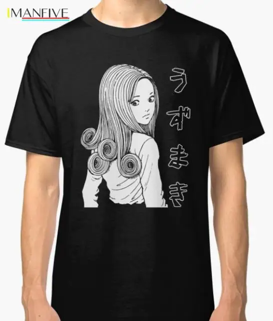 

100% Cotton Short Sleeve Uzumaki Kirie Goshima Black Shirt Uzumaki Junji Ito Japanese Horror Manga Men's T-shirt