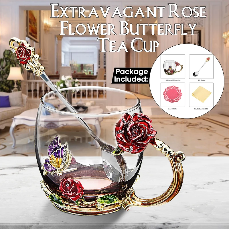 

4Pcs/Set Enamel Coffee Cup Rose Mug Flower Tea Drinking Glass Cups With Handle For Hot And Cold Drinks With Cap Pad Wipe Cloth