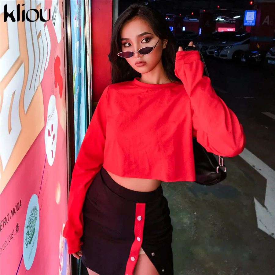 Kliou 2019 الربيع جديد وصول الصلبة الأحمر النساء بلوزات fulll كم فضفاض س الرقبة البلوفرات الإناث أزياء قصيرة عارضة قمم