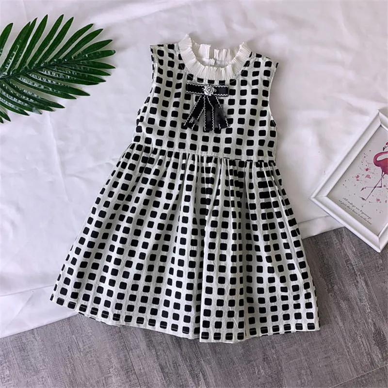 

Brand Girls Baby Dots lattice Lace Bow Sleeveless Summer Dress Clothes Holiday Kids Casual New Ins Fashion Lovely Dress Clothing