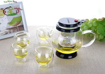 

1x 5in1 Tea Set -Heat Resistant Glass Piaoyi Tea Cup Kungfu Teapot 650ml+ 4x 80ml Double Wall Tea Cups