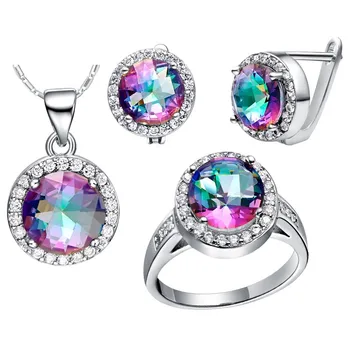 

wholesal WGP Zircon Gem Noble Rich Round Rainbow Stone Set Ring Earrings Necklace White Filled Gift choker bts diy unicorn