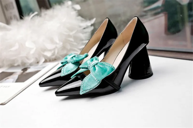 Mcacchi/Новые модные весенние женские туфли-лодочки из лакированной кожи туфли для вечеринок на очень высоком каблуке с острым носком без застежки с милым бантом женская обувь