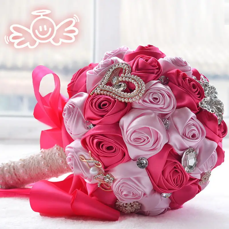 Modabelle Кристалл бисером бордовый букет цветов невесты белый Красные Свадебные цветы Свадебные букеты шелковые розы Ramo Boda - Цвет: Hot Pink