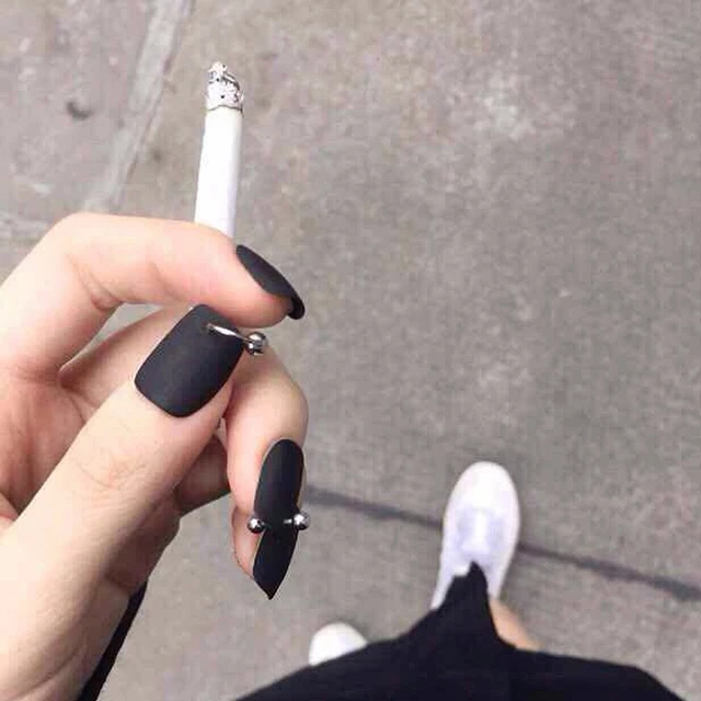 Gothic Matte Black Pure Color With Sliver Ring 3D Fake Nails Gothic matte black pure color with sliver ring 3D fake nails Japanese cute false nails 24pcs - Gothic Matte Black Pure Color With Sliver Ring 3D Fake Nails