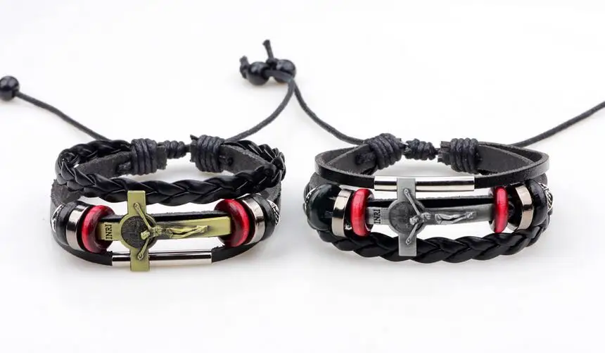 Multilayer INRI Leather Bracelets For Men and Women Leather Bracelets alloy Cross of Jesus Beaded 18163 leather bracelet