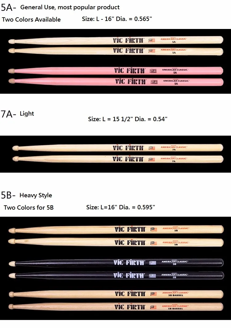 Барабанные палочки Vic Firth Hickory 5A, 5B, 5B Barrel, 7A, сделано в США, несколько цветов барабанные палочки