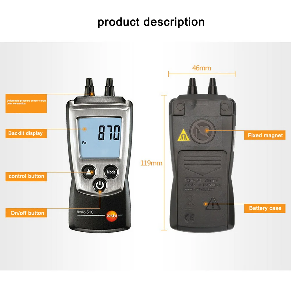 Testo 510 압력 게이지 디지털 디스플레이, 냉동 PSI 차압 게이지, 0-100hPa 기압, 가정용 도구