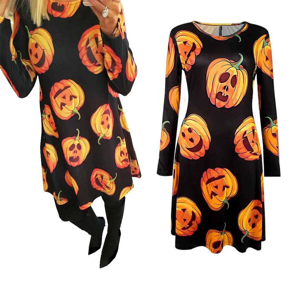 

New Winter Halloween Pumpkin Party Dress European Christmas Carnival Roleplay Fashion Printing Dress