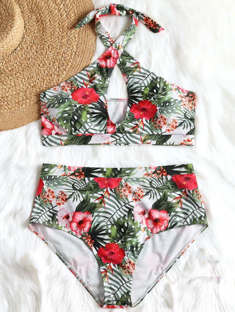 Talla grande Push Up Bikinis traje de baño mujer Floral dos piezas alta