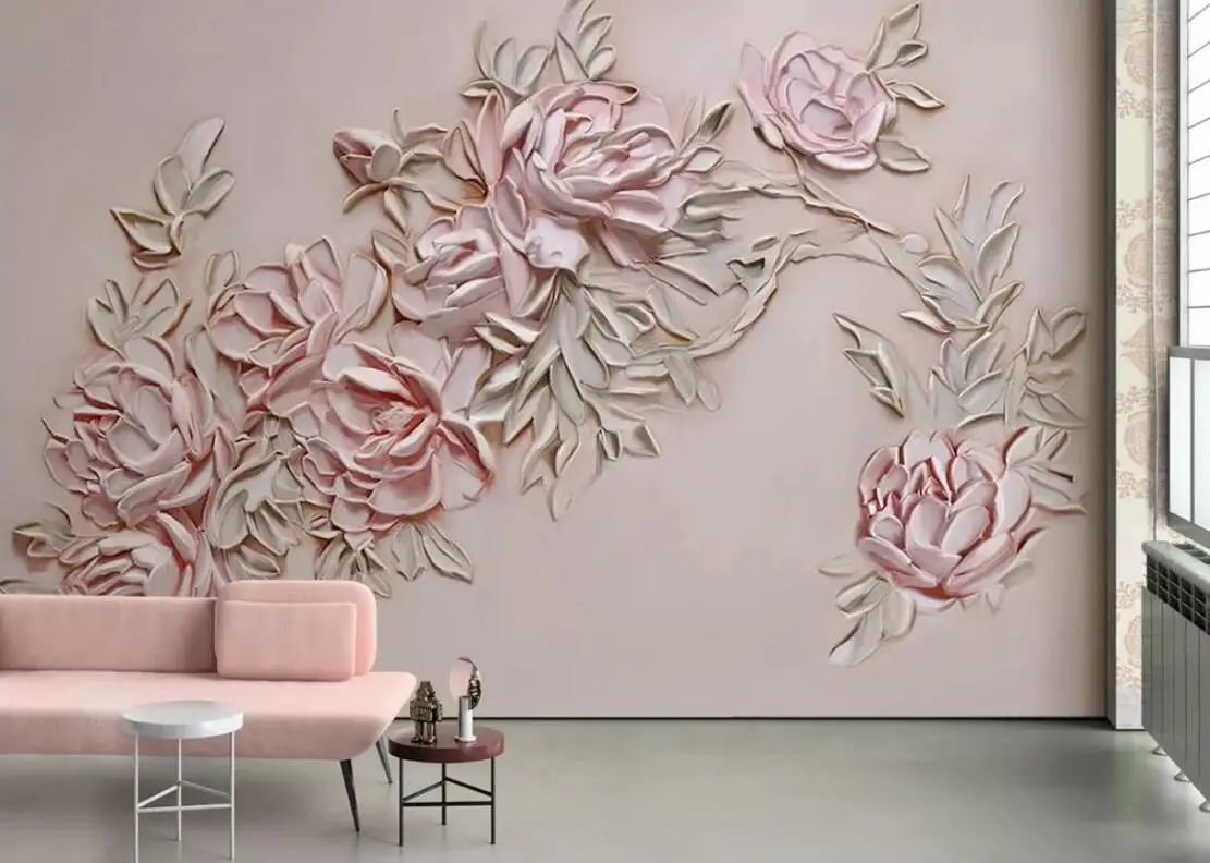 ピンクの花の壁紙 3d 壁壁画手塗装エンボスローズ壁の装飾のキャンバスを印刷花の壁の紙コンタクト紙 壁紙 Aliexpress