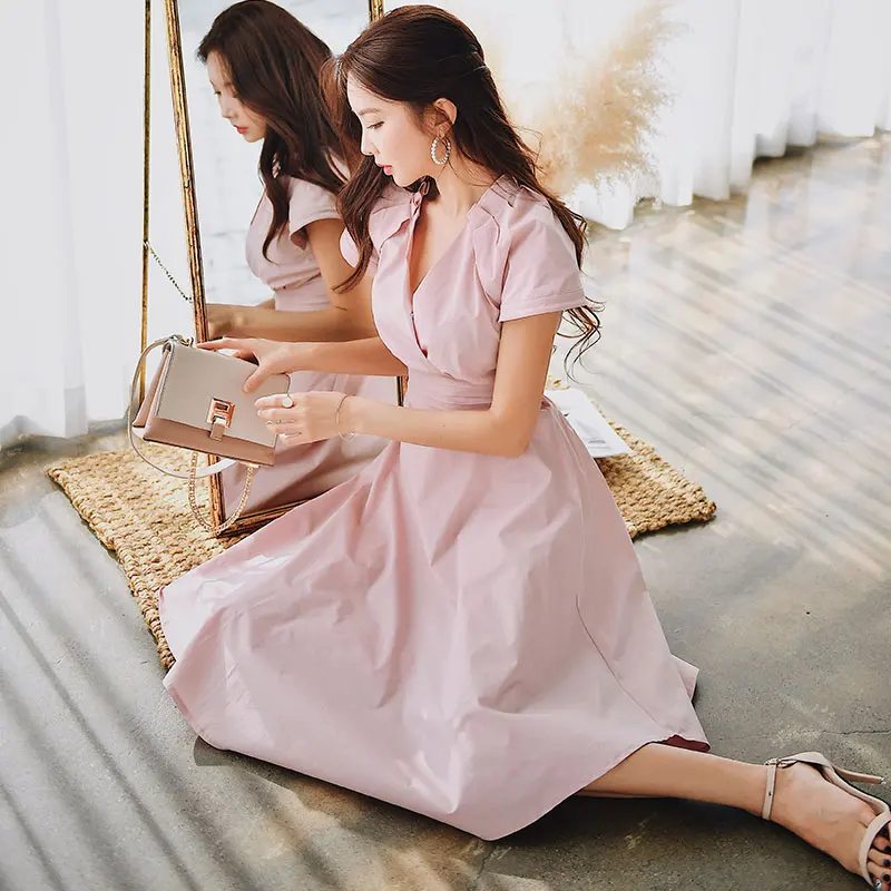 

Dabuwawa Summer Sexy V-Neck Elegant Midi Dress Women 2019 New Pink Cloak Sleeve A-Line Party Swing Dresses DN1BDR044