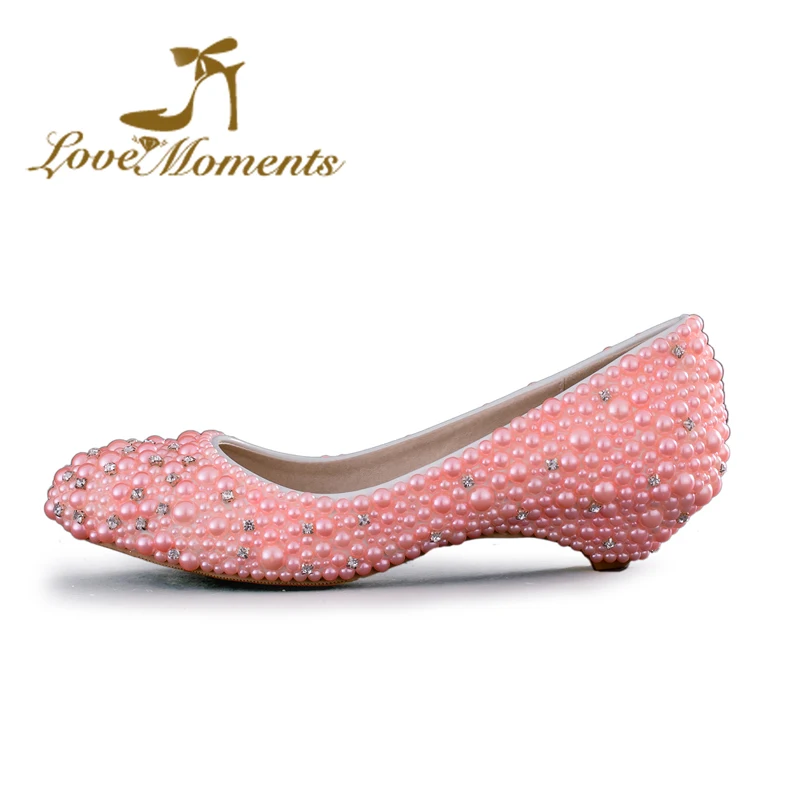 Love Moments, на низком каблуке; свадебные туфли ручной работы; цвет розовый с белым жемчугом и с украшением в виде кристаллов; женская обувь Свадебная обувь; модельные туфли большие размеры 34-44