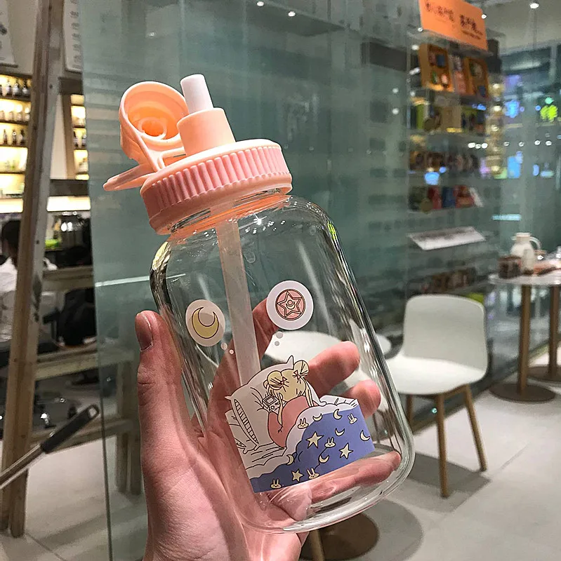 

Cute Pink Straw Glass Cup Girl Heart Large Capacity Creative Portable Student Cup Drink Glass with Lid Brief My Water Bottles 5
