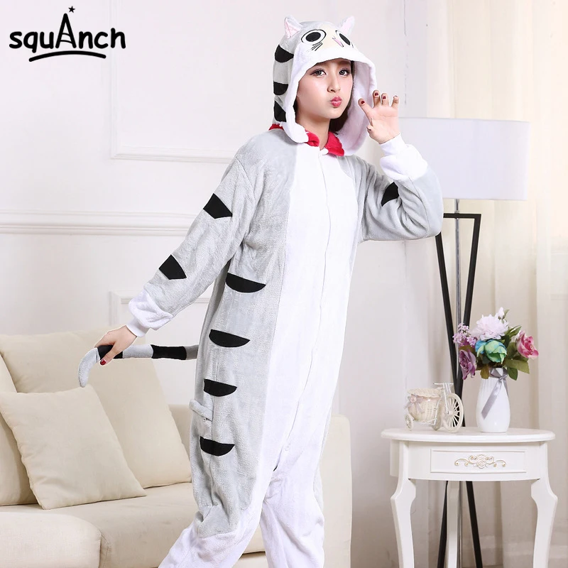 Cartoon Animal Kigurumis Chi Onesie Lovely Cat Pajama Women Adult Warm Thick Flannel Sleep Overalls Carnival Festival Party Suit