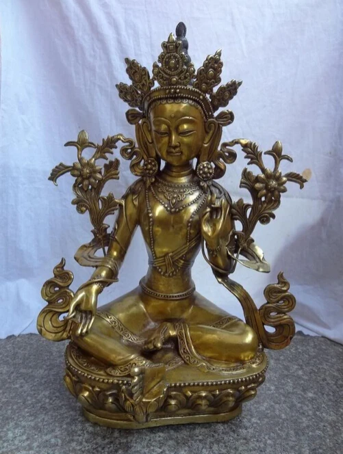 

bi001722 24" Tibet Bronze Gilt Buddhist GuanYin Goddess Green Tara Buddha Joss Statue