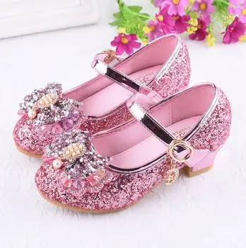 

Hot Girls Silver Party Wedding Shoes Princess Shoe Leather Glitter Crystals Rhinestones Wedge Butterfly Knot Kids Leather Shoes