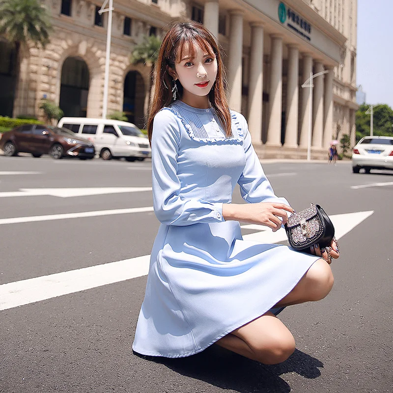 EAD Elegant Ruffle Slim Women Vintage Dress Party Solid Long Sleeve Spring Blue Dresses Office Lady Summer Button Female Vestido EAD Elegant Ruffle Slim Women Vintage Dress Party Solid Long Sleeve Spring Blue Dresses Office Lady Summer Button Female Vestido