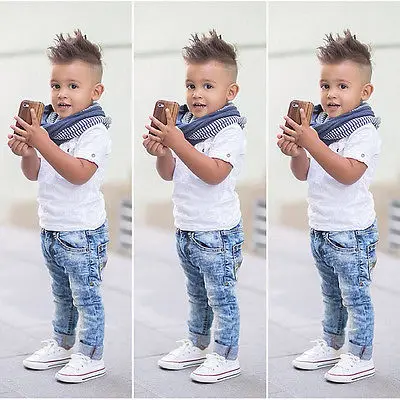 

2PCS NEW Baby Boys Kids White T-shirt + Jeans Pant Outfits Sets Clothes 2 - 7Y boys clothes kids clothes boys baby clothes