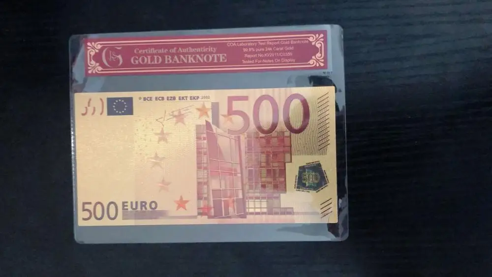 Fake Gold Banknote Euro banknotes 500 Euros Pure Gold Foil Paper Money Gold Bill Note With COA Frame For Collection banknotes