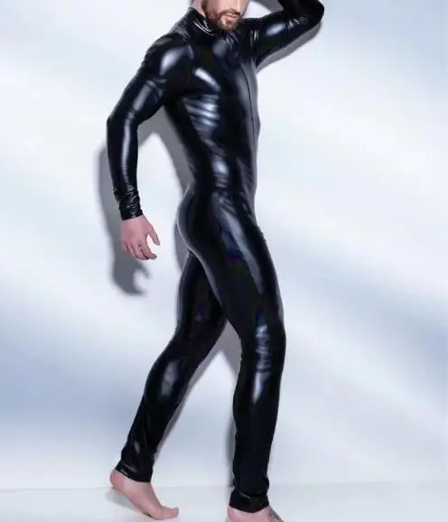 Men Underwear Sexy Lingerie Plus Size S-5XL Men Catsuit Faux Leather Two Way Long Zipper Crotch Bodysuit Night Club DS Jumpsuit