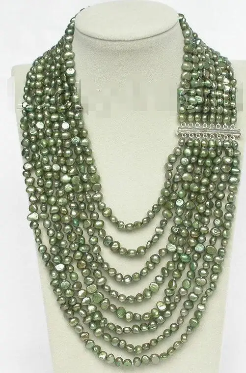 

Free Shipping >>>17"-24" 8row baroque green pearls necklace 925 silver clasp j8758