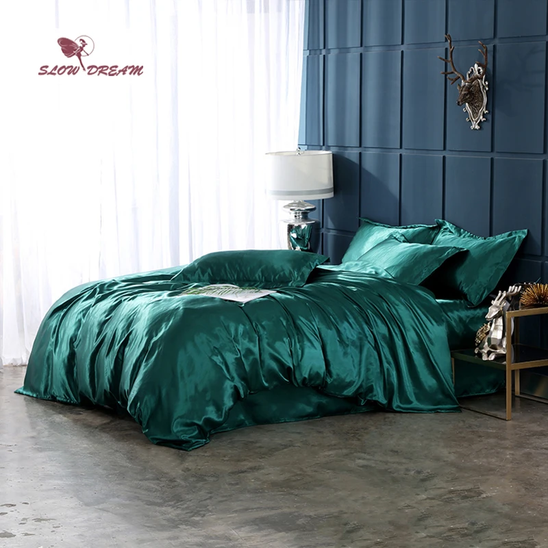 

SlowDream Green Solid Color Bedding Set Double Queen Comforter Cover Set Flat Sheet Bed Linens Pillowcase Decor Home Bedclothes