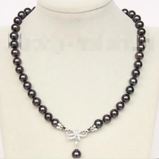Free Shipping &gt&gt&gt 17&quot 10mm natural round black pearls necklace pendant Platinum Plated clasp j9830 | Украшения и