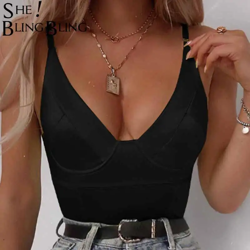 

SheBlingBling V-neck Backless Sexy Camis Straps Button Bodysuit Spring Summer Women Fashion Black Solid Party Streetwear Body