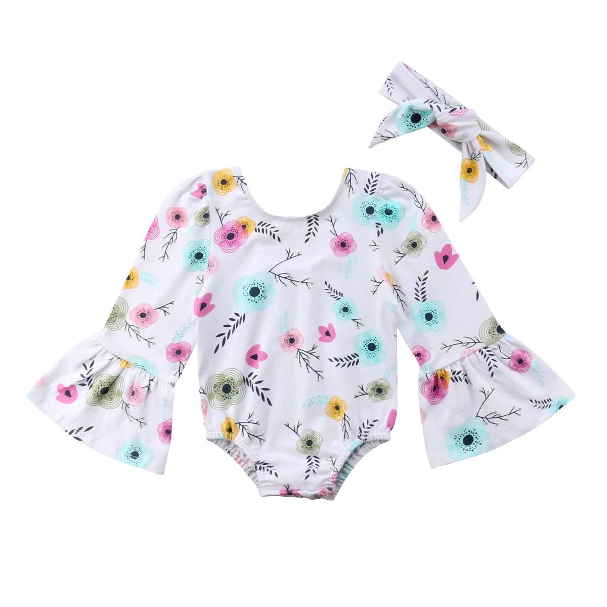 2018 Newborn Baby Girl Long Sleeve Flare Jumpsuit Bodysuit Headband