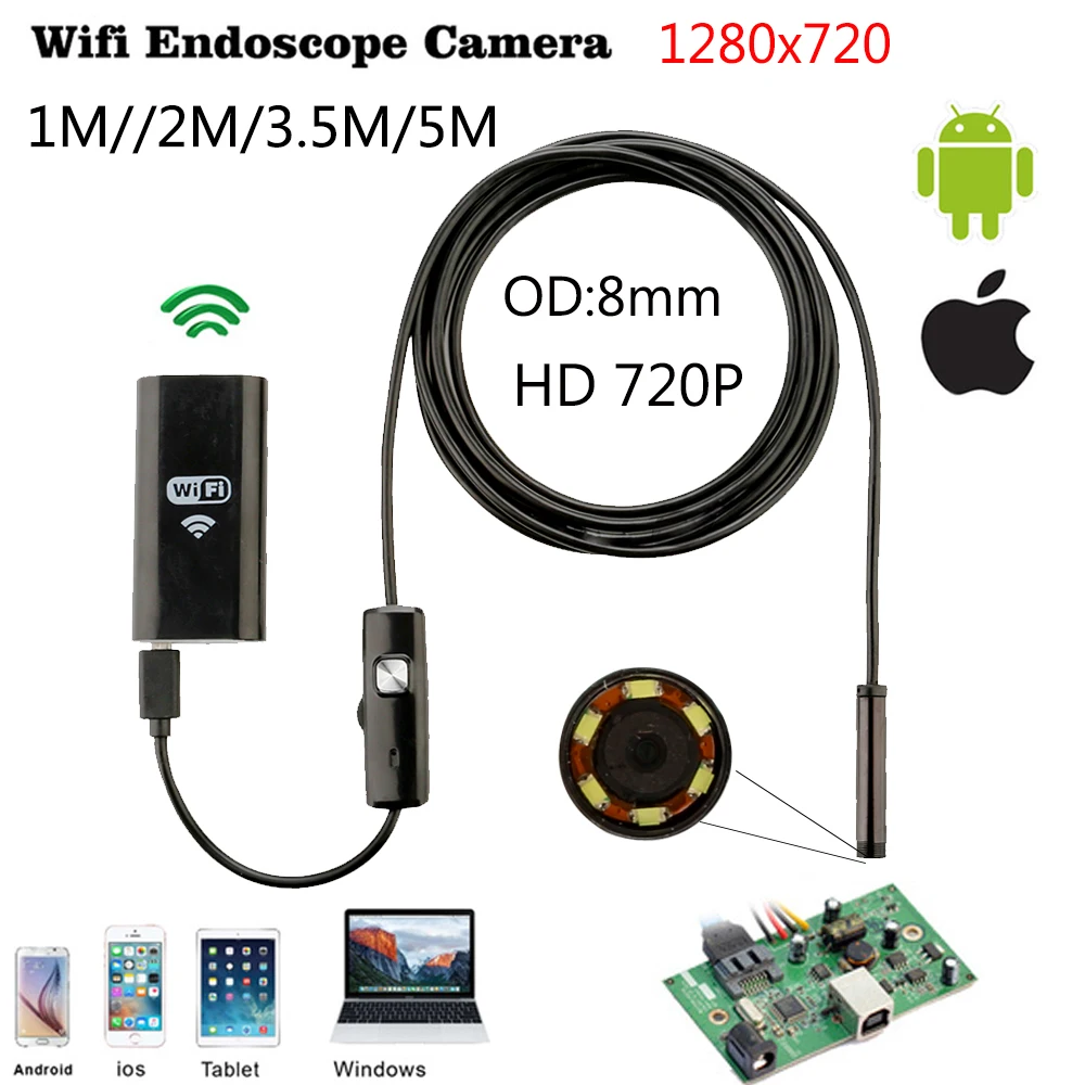 

8mm 1m 2m 3.5m Wifi IOS Endoscope Camera Borescope IP67 Waterproof Inspection For Iphone Endoscope Android PC HD IP Camera