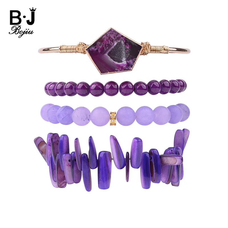 

BOJIU 4 Pcs/Set Female Gold Cuff Druzy Bracelets Bangles For Women Purple Natural Stone Bracelet Jewelry Christmas Gift BCSET173