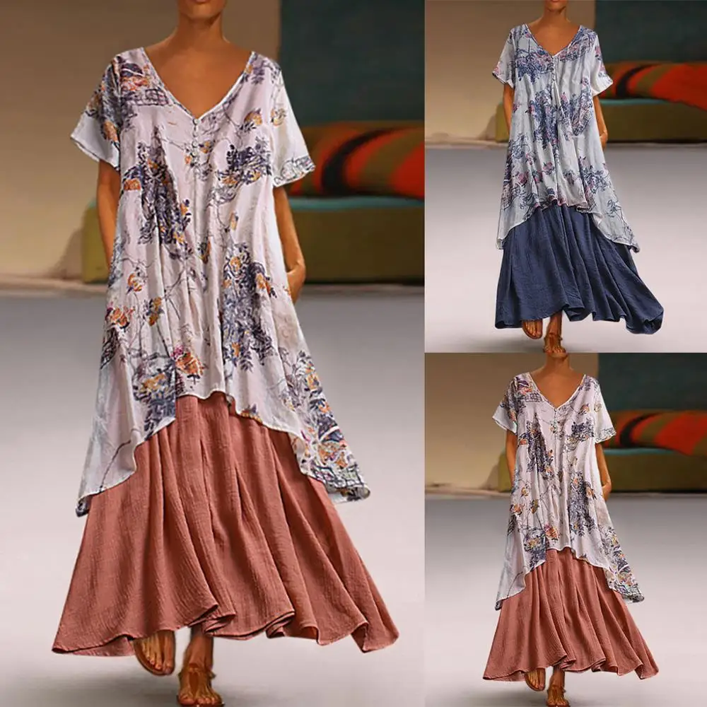 

Women Vintage Bohemian Print Floral Sleeveless V-Neck Straps Maxi Dress