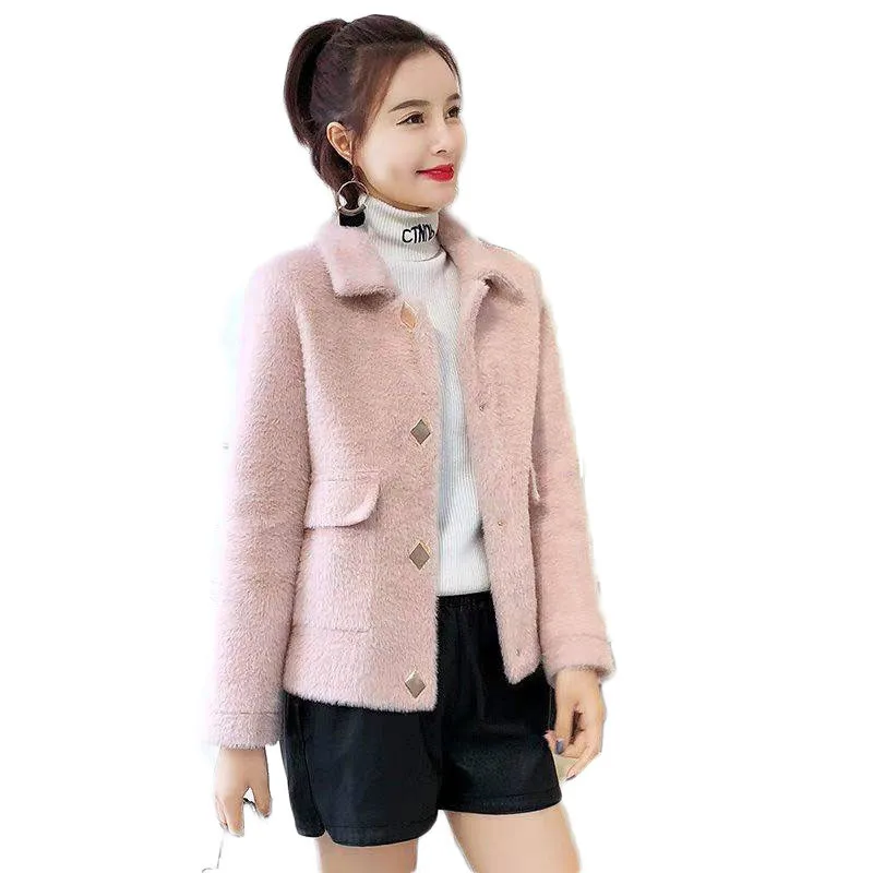 

2019 New Spring Female Cashmere Sweater Women Pure Casual Turn-Down Collar Knitted Imitation Velvet Thick Warm Short Tops A10