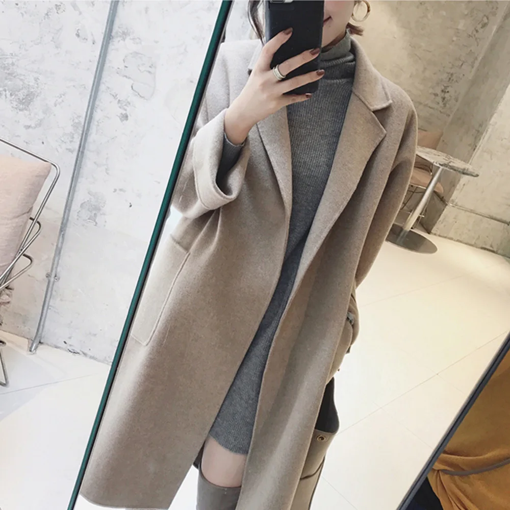 Autumn Winter Women Coats Wool Blend Coat Turn Down Collar...