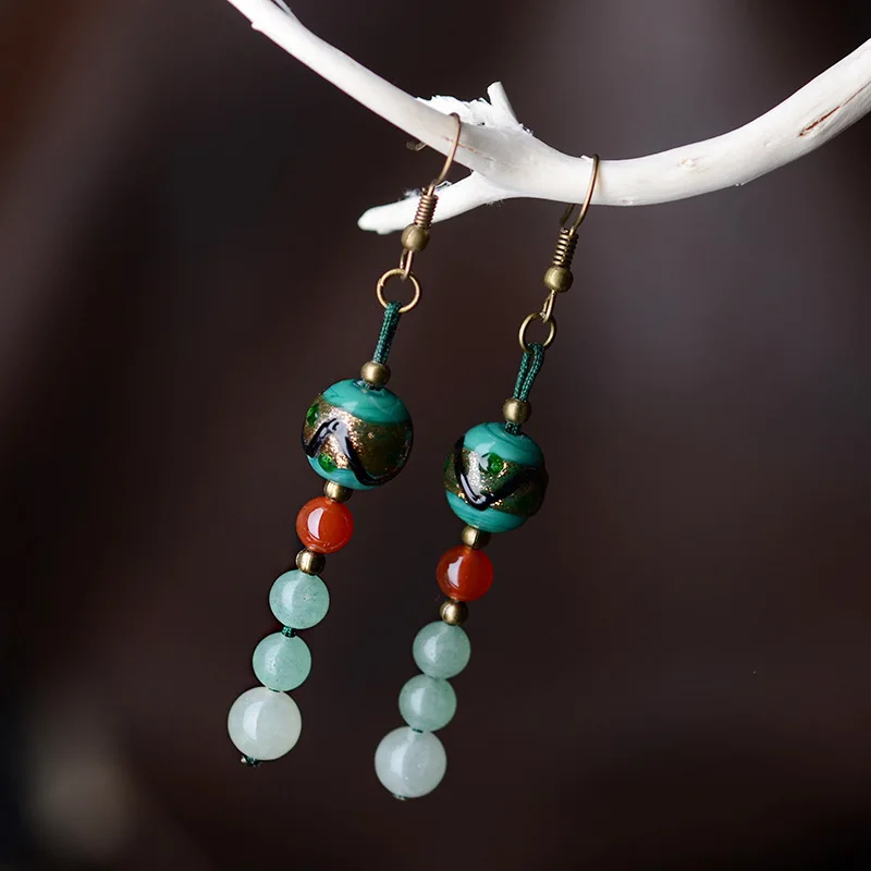 

FREE SHIPPING Beautiful Quality Light Green Dongling Stone Beads Earrings Coloured Glaze Stone Red A gate Ethnic jewelry