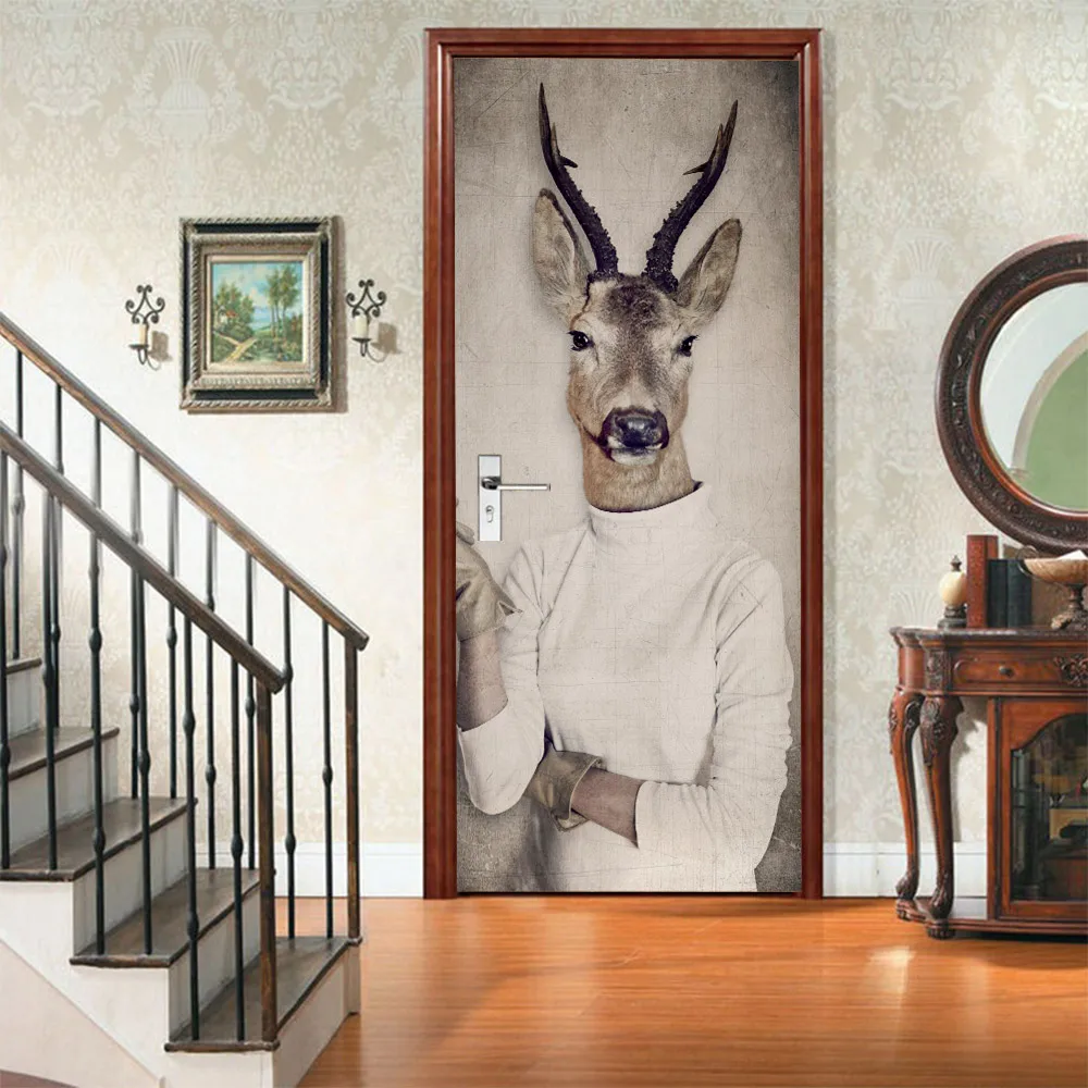 

3D Deer head Human Body PVC Self-Adhesive DIY Waterproof Door Sticker Modren Art Mural Wallpaper Living Room Bedroom Home Decor