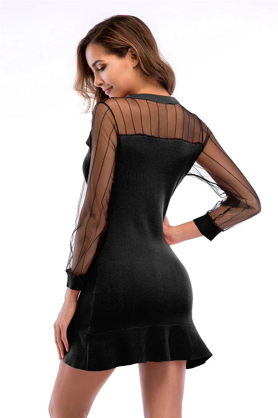 Gladiolus Hot Sale Autumn Women Dress 2018 Long Sleeve O-Neck Button Mesh Patchwork Mini Sexy Dress Women Fashion Ladies Dresses (18)