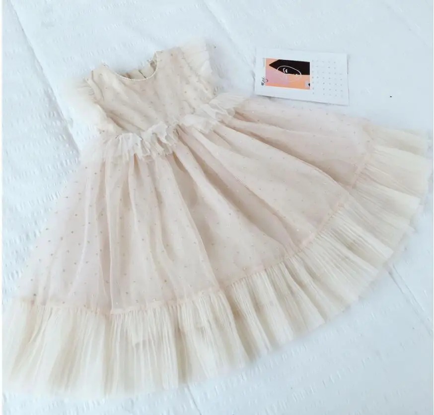 

New 2019 Children Girls Boutique Gold Dot Flower Party Dresses, Baby Kids Sparkle Mesh Dance Dress ,6 pcs/lot Free Shipping