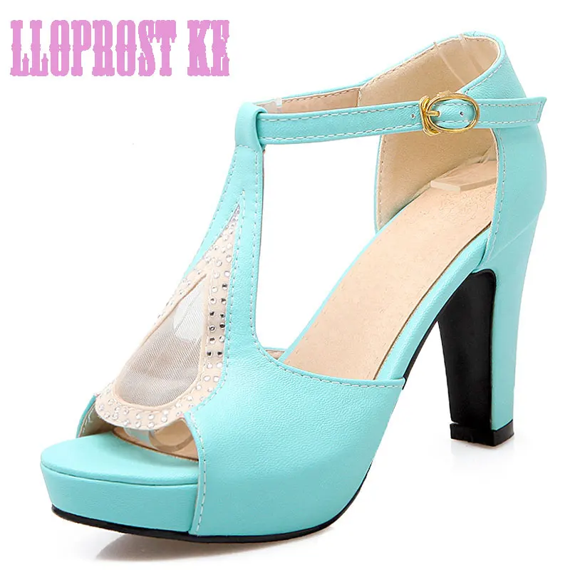 

LLOPROST KE 2017 new Summer Spring Korean Peep Toe Lace T-Strap Crystal Platform Thick High Heels Sandals Sweet OL Shoes dxj2052