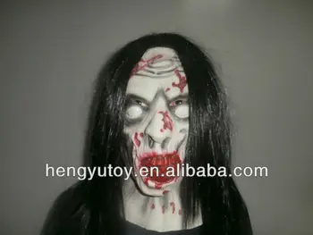 

Latex Zombie Vampire Mask for Adult Halloween Party whith Long Black Hair