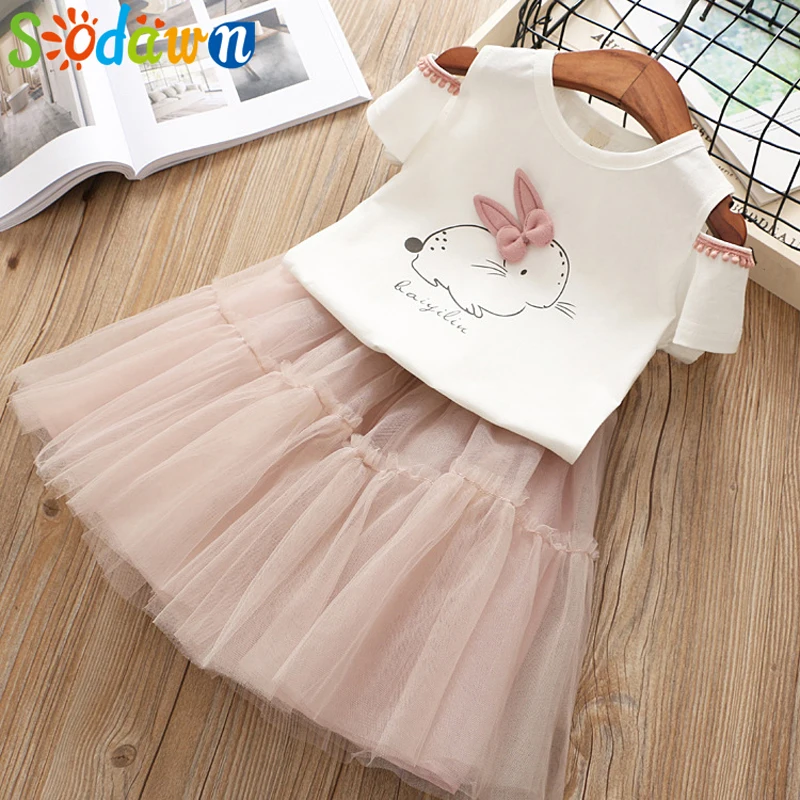 Sodawn/ г., летний комплект одежды для девочек, модная детская одежда футболка с кроликом из мультфильма на плечо+ юбка в сеточку