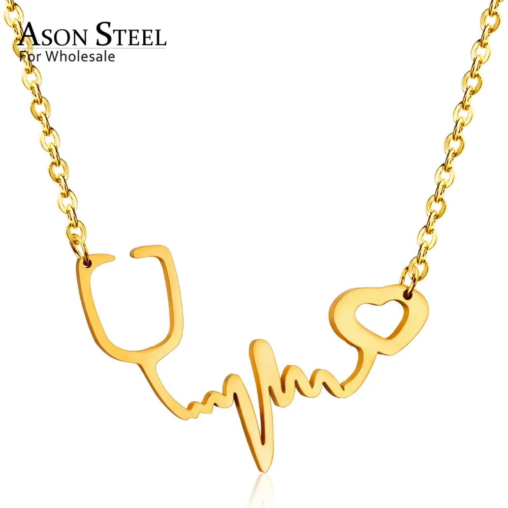 

ASONSTEEL 5Pcs/Lot Fashion Stethoscope Pendant Necklace ECG Gold Doctor/Nurse Stainless Steel To Your Lover, Anti-allergy
