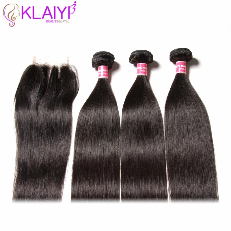 KLAIYI HAIR Malaysian Straight Hair Bundles With Closure 100% Human Hair Extension 3 Bundles With Closure Remy Hair FreeShipping