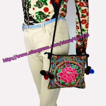 

Hmong Tribal Ethnic Thai Indian Boho shoulder bag messenger embroidery pom charm trim SYS-305
